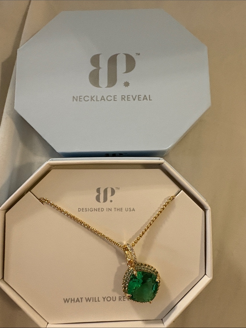 Gold Necklace with Green Cushion Pendant